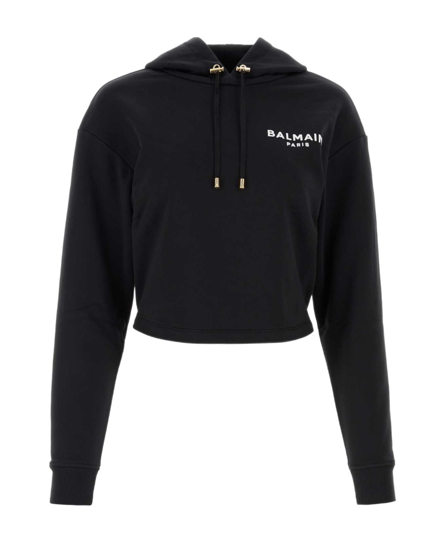 Balmain Cropped Sweatshirt With Flocked Logo Print In Black