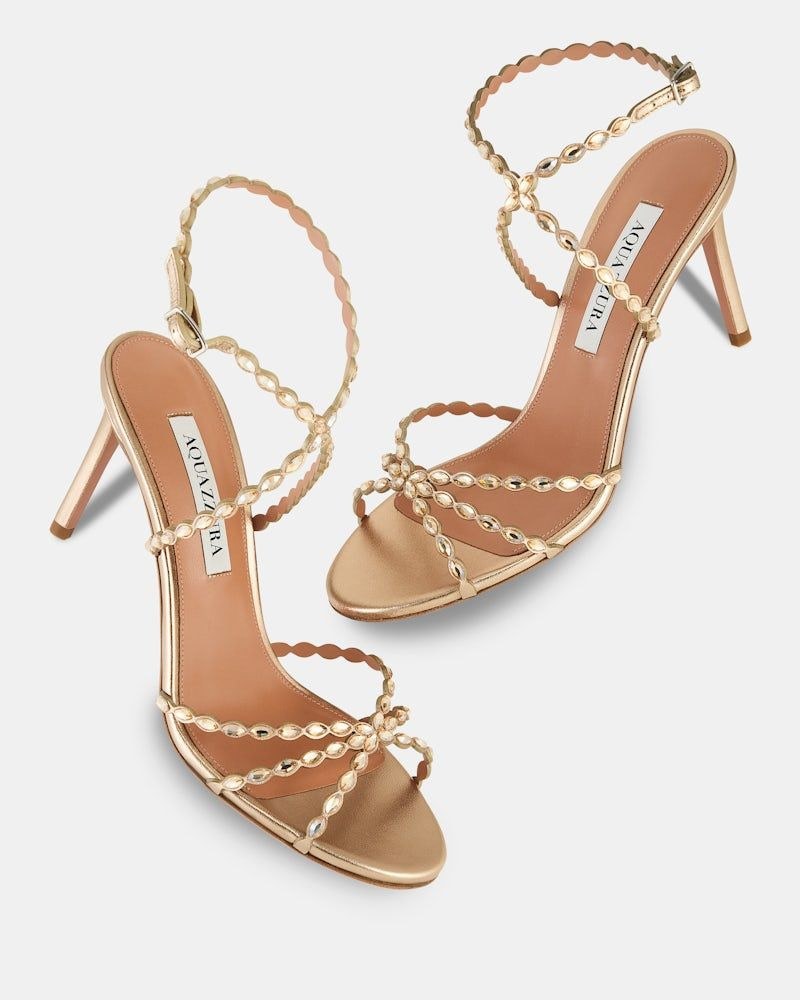 Aquazzura 85mm Love Struck Scalloped Strap Metallic Sandals In Brown