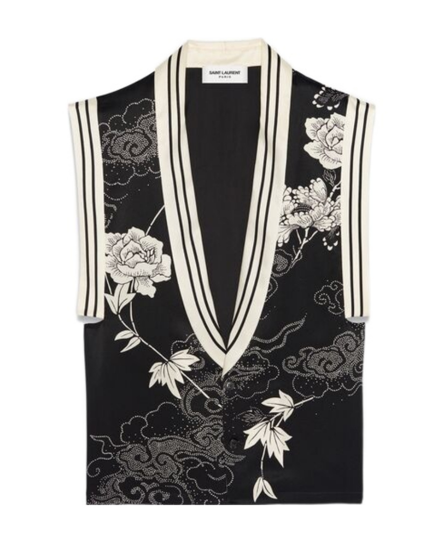 Saint Laurent Sleeveless Shirt In Printed Satin In Black