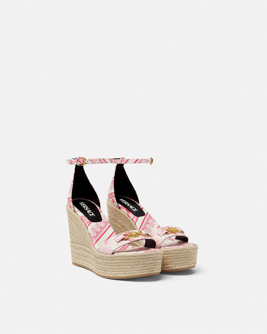 Versace Embellished Printed Leather Espadrille Wedge Sandals In Pink