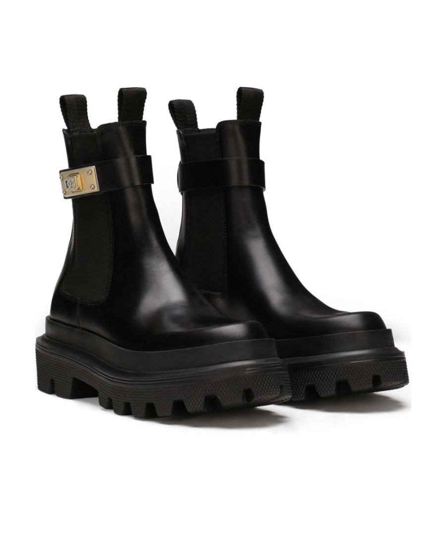 Dolce & Gabbana Calfskin Ankle Boots With Branded Strap In Black