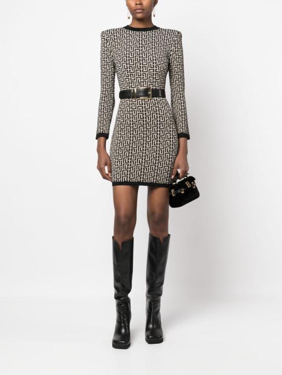 Balmain Monogram Wool-blend Knit Minidress In Black