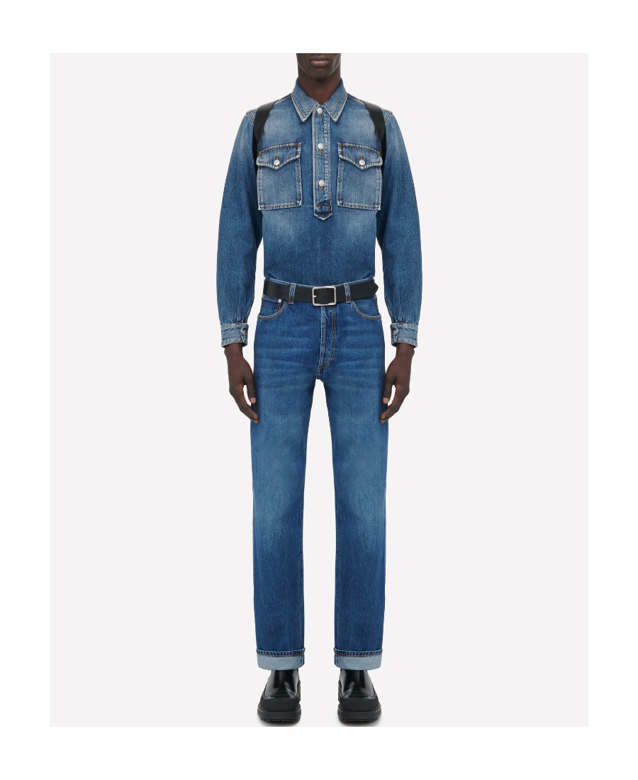 Shop Alexander Mcqueen Embroidered Logo Denim Shirt In Blue