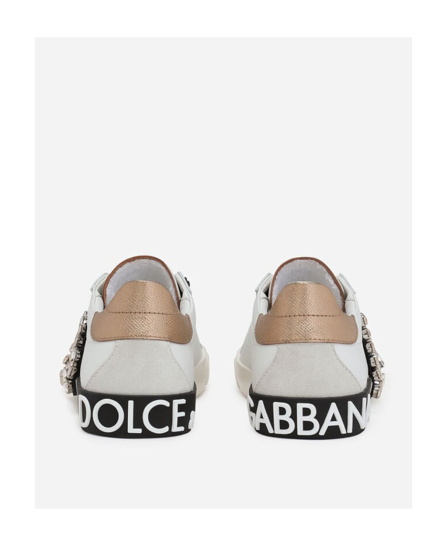 Dolce & Gabbana Portofino Vintage Leather Sneakers With Rhinestone Dg In White