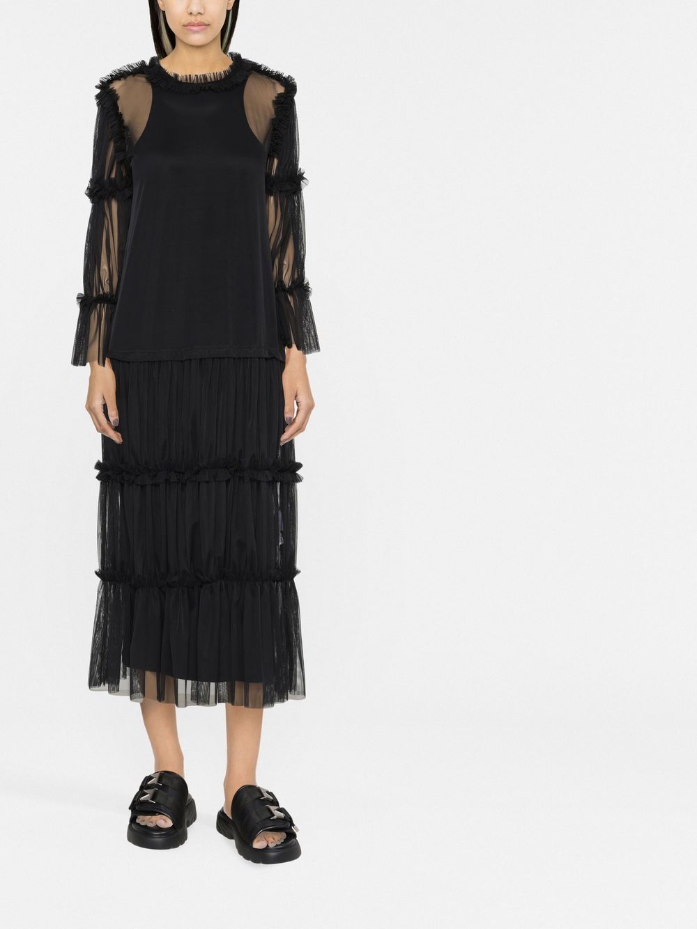 Shop Mm6 Maison Margiela Sheer Long-length Ruffle-trim Blouse In Black