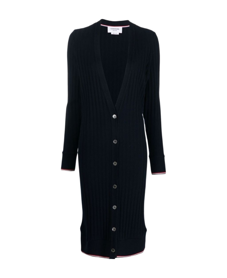 Thom Browne Long Rwb Ribbed Cardigan In Black
