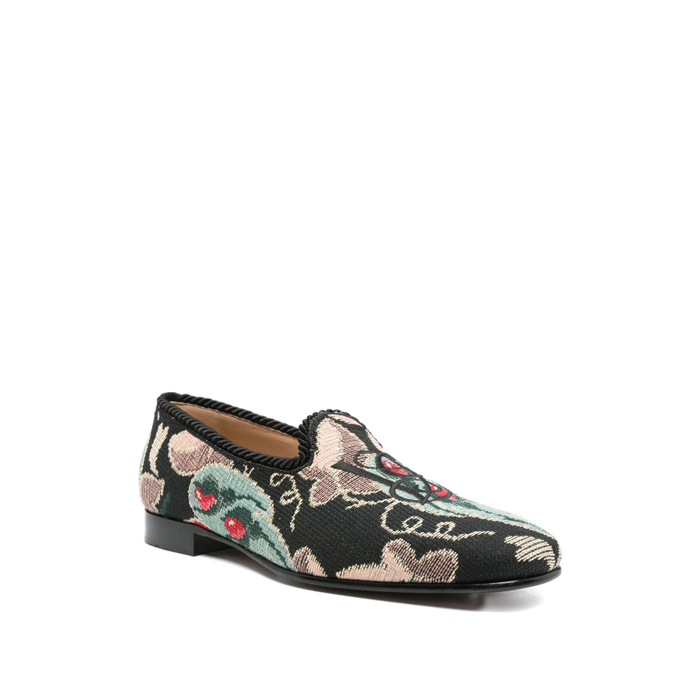 Valentino Floral-patterned Rope-trimmed Loafers In Black