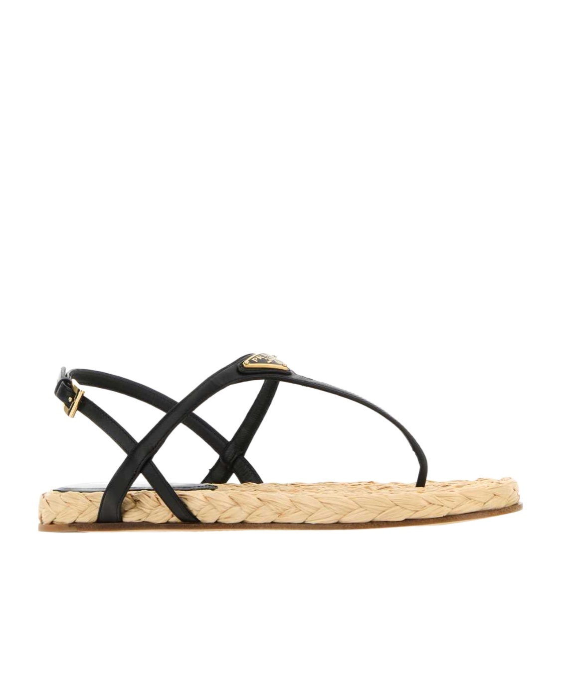Prada Triangle Logo Raffia And Leather Flat Sandals In Black
