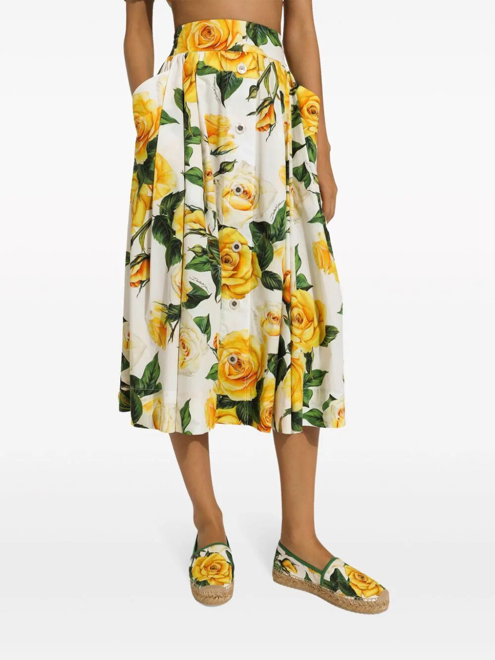 Dolce & Gabbana Dolce Gabbana Rose Printed Pleated Midi Skirt In Yellow