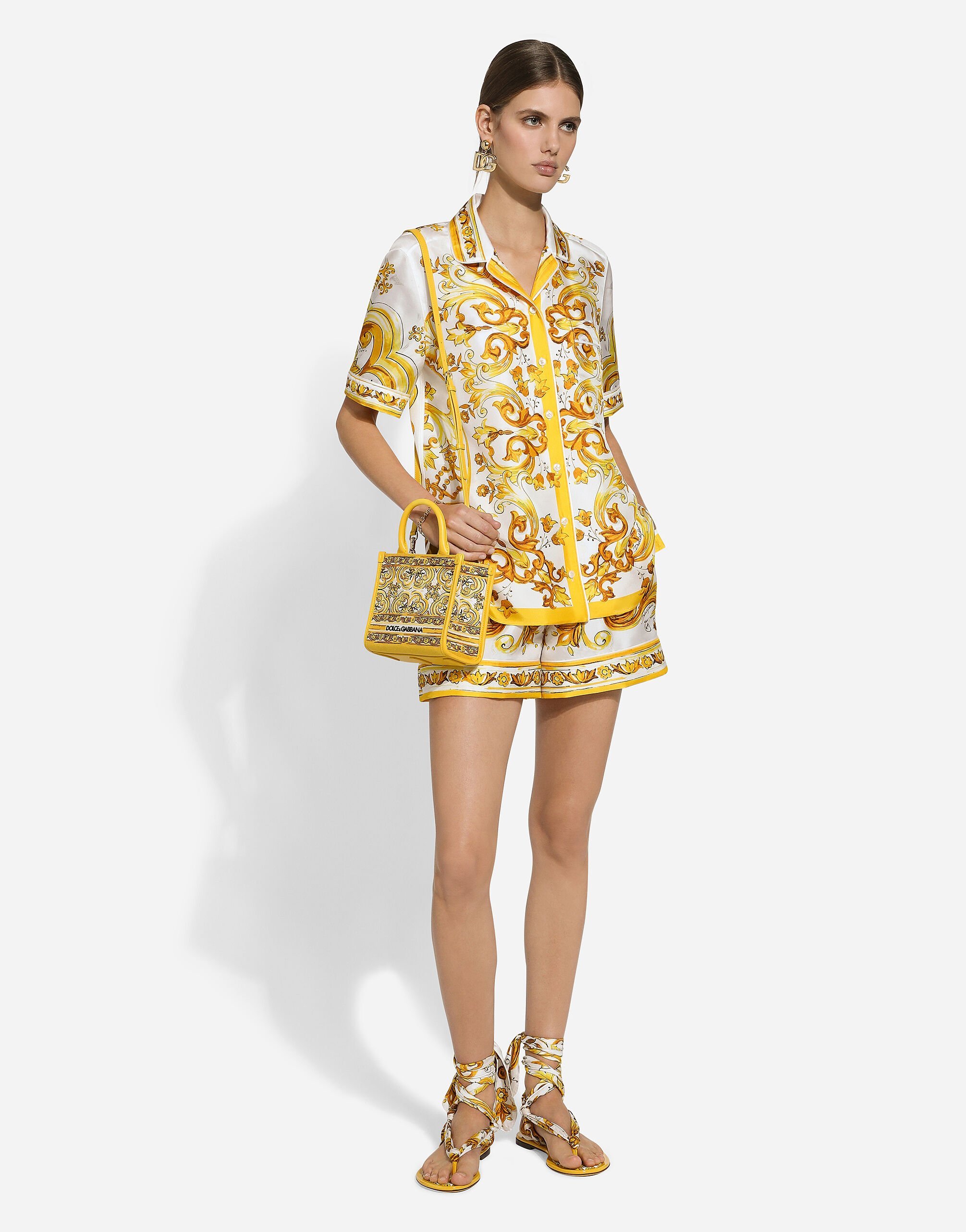 Dolce & Gabbana Majolica Print Silk Pajama Shorts In Yellow
