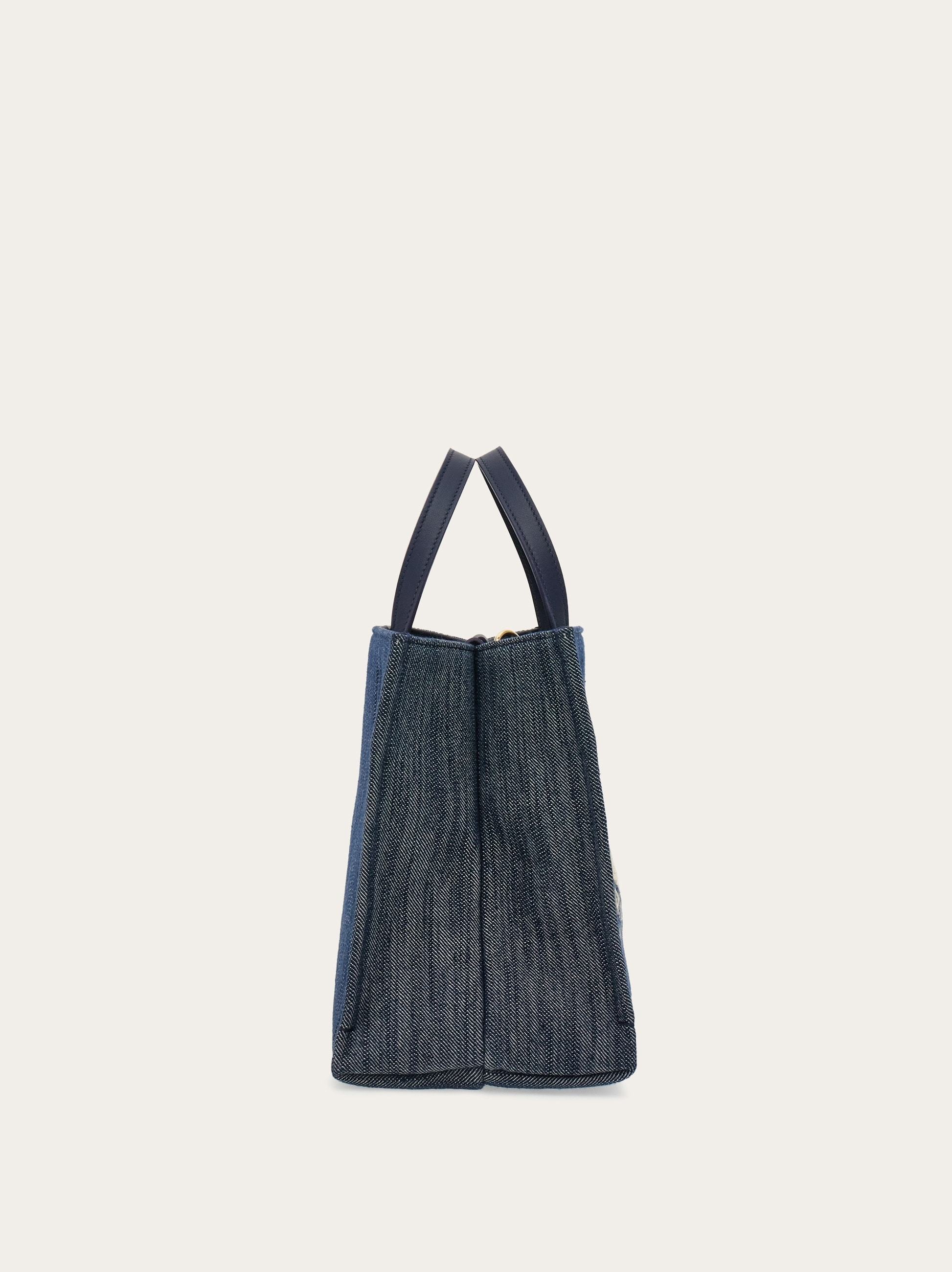 Ferragamo Blue Denim Large Tt Sign Shopping Bag In Black