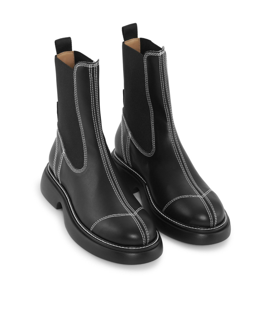 Ganni Topstitched Leather Chelsea Boots In Black
