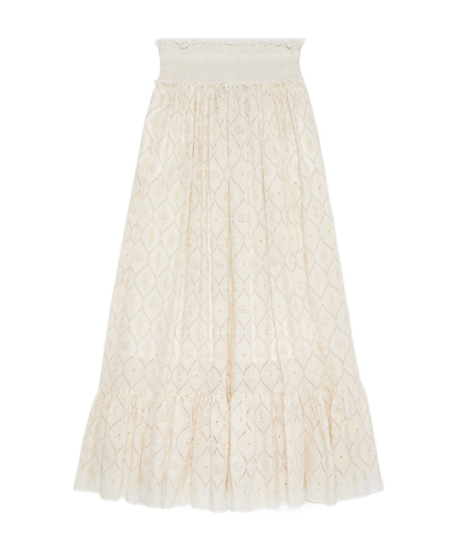 Gucci Floral-embroidered Cotton Skirt In White