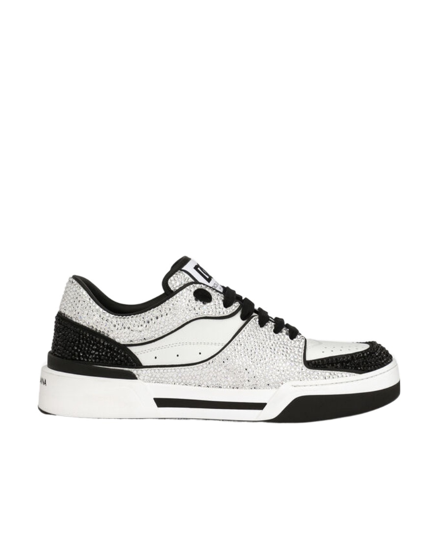 Dolce & Gabbana New Roma Calfskin Leather Sneakers With Thermoset Crystals In White