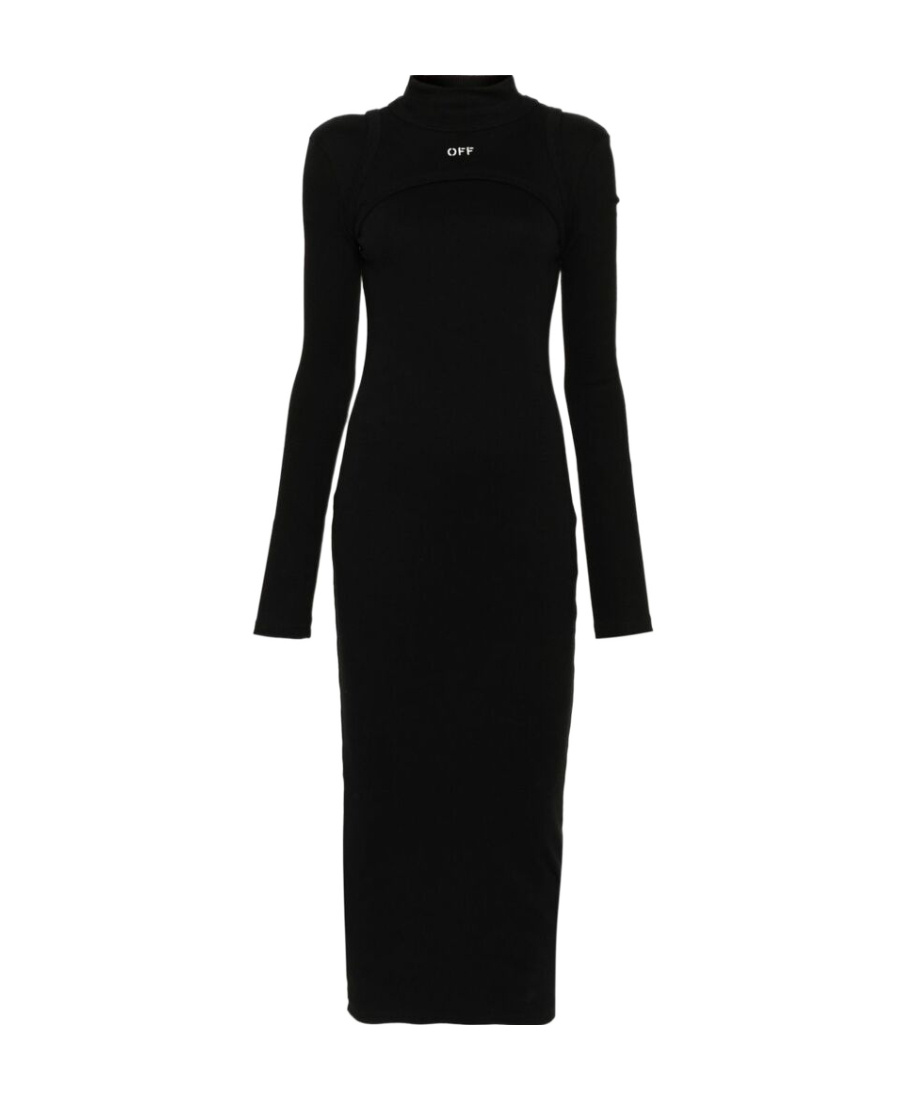 Off-white Ribbed Texture Midi Dress With High Neckline In Black