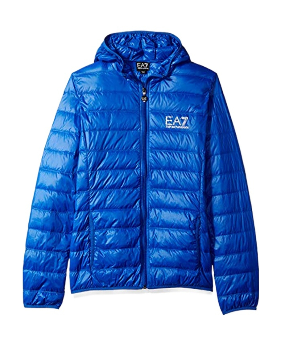 Ea7 Zipper Hooded Short Style Down Jacket In Blue