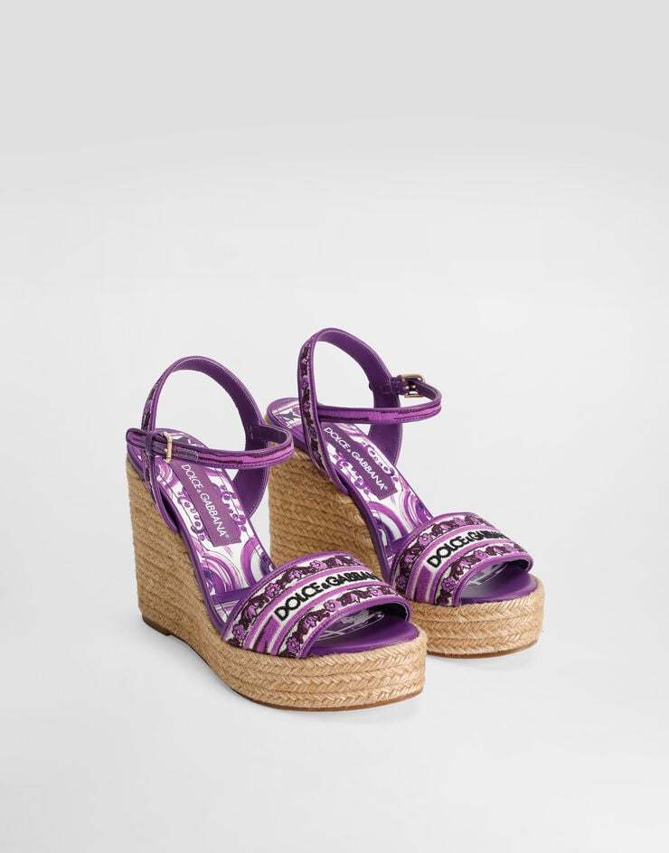 Dolce & Gabbana Violet Wedges With Logo Embroidery On The Front And All-over Majolica Motif In Cotton Blend Woman In Purple