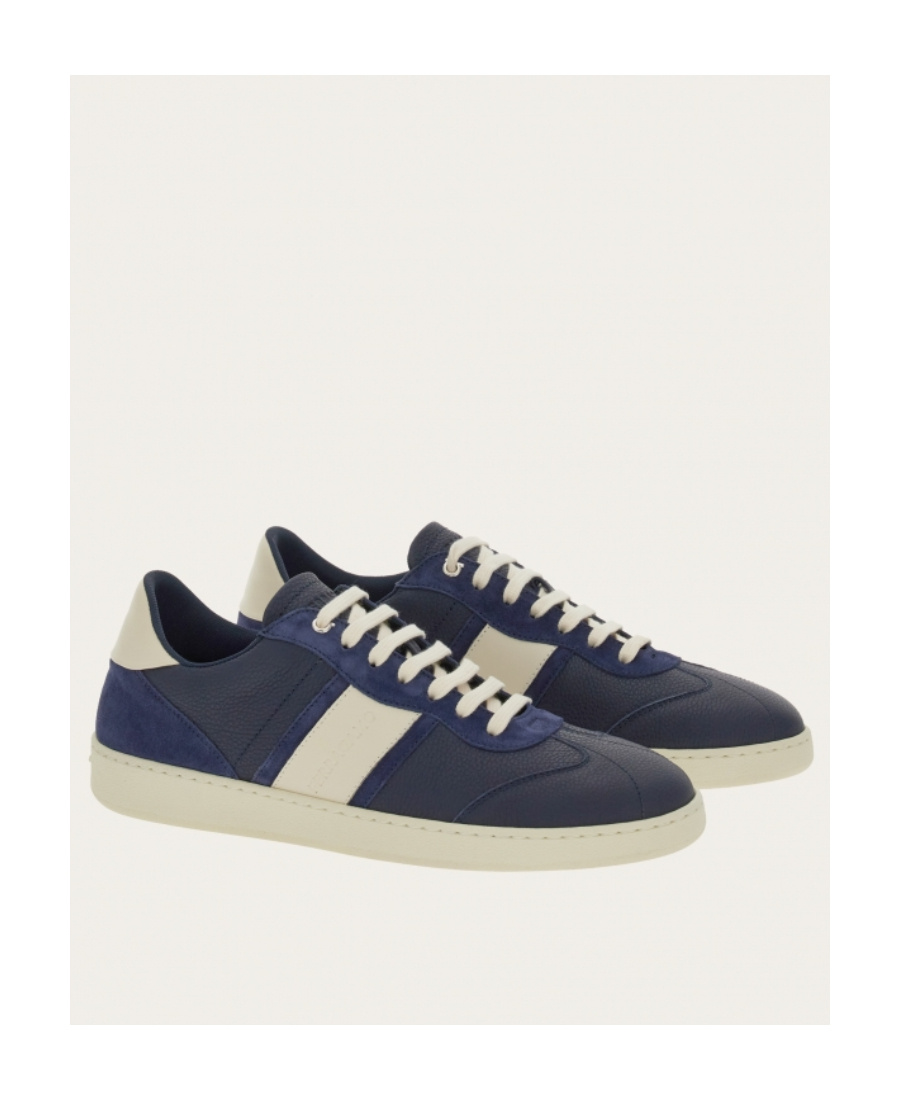 Ferragamo Achille Logo Leather Sneakers In Blue Marine