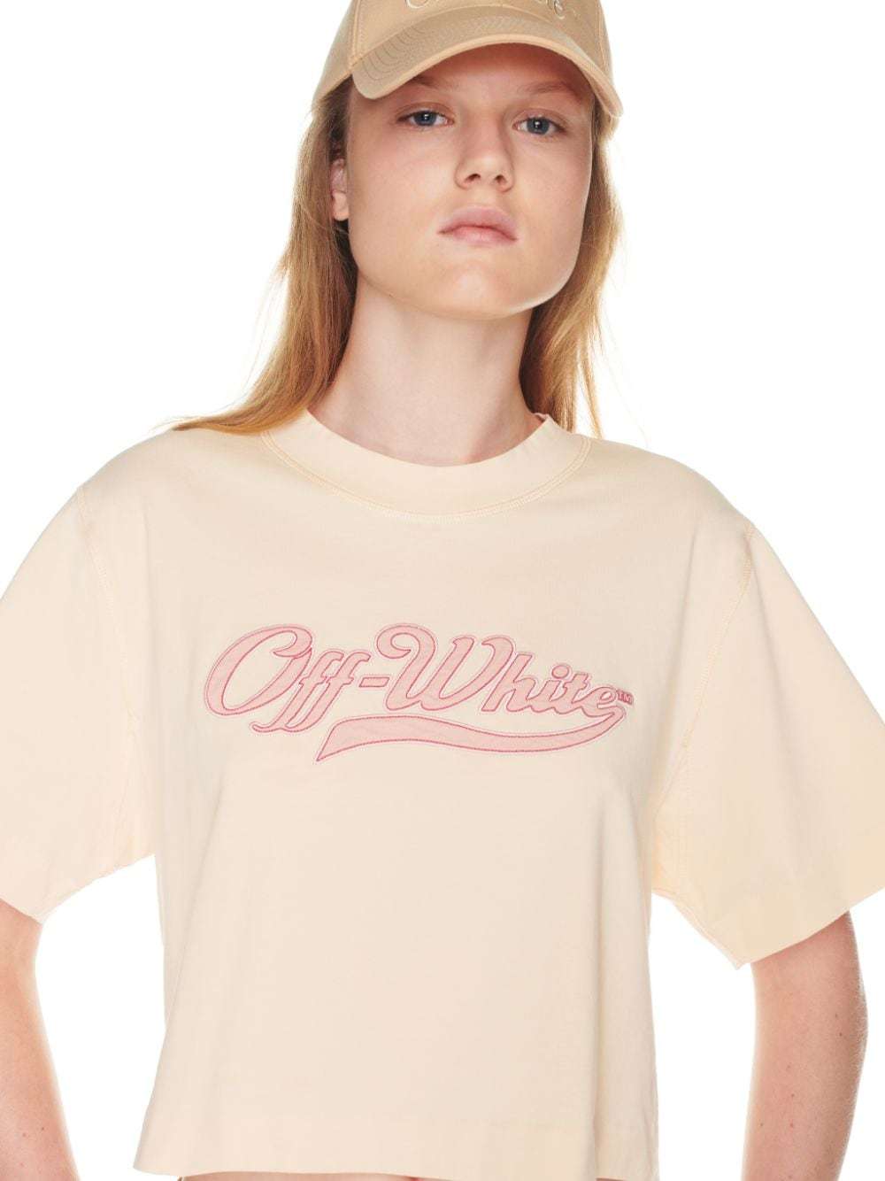 Off-white Logo-embroidered Cropped T-shirt In Nude