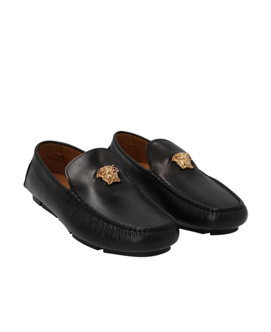 Versace Logo Plaque Leather Loafers In Black