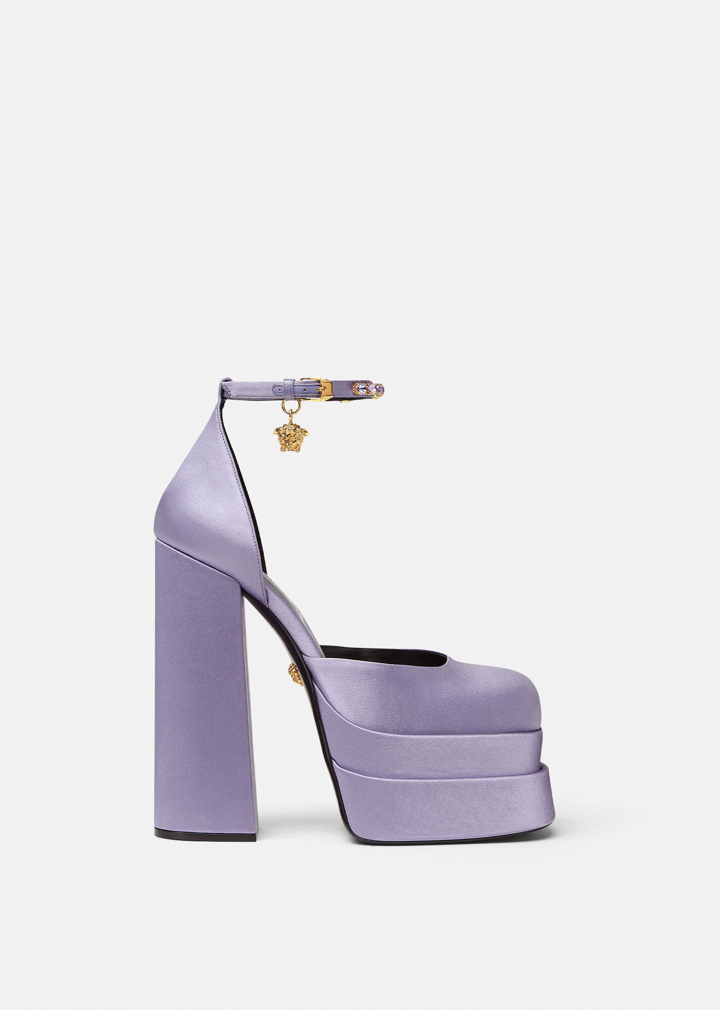 Versace Medusa Aevitas Embellished Satin Platform Sandals In Purple