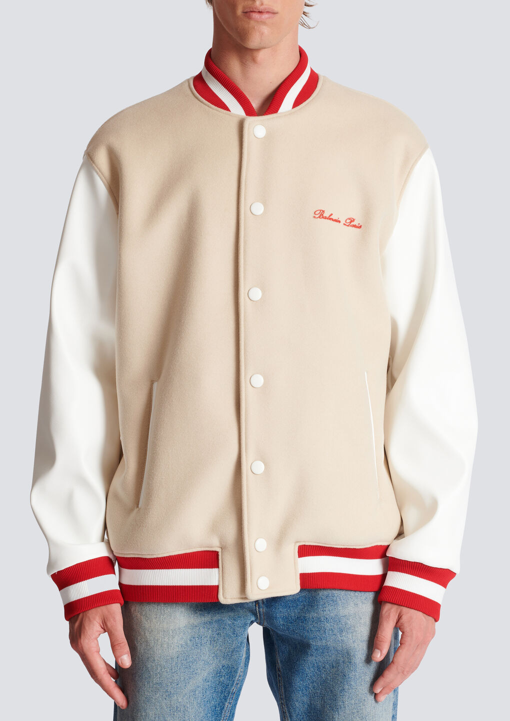 Balmain Bomber Jacket With Logo Embroidery In Nude