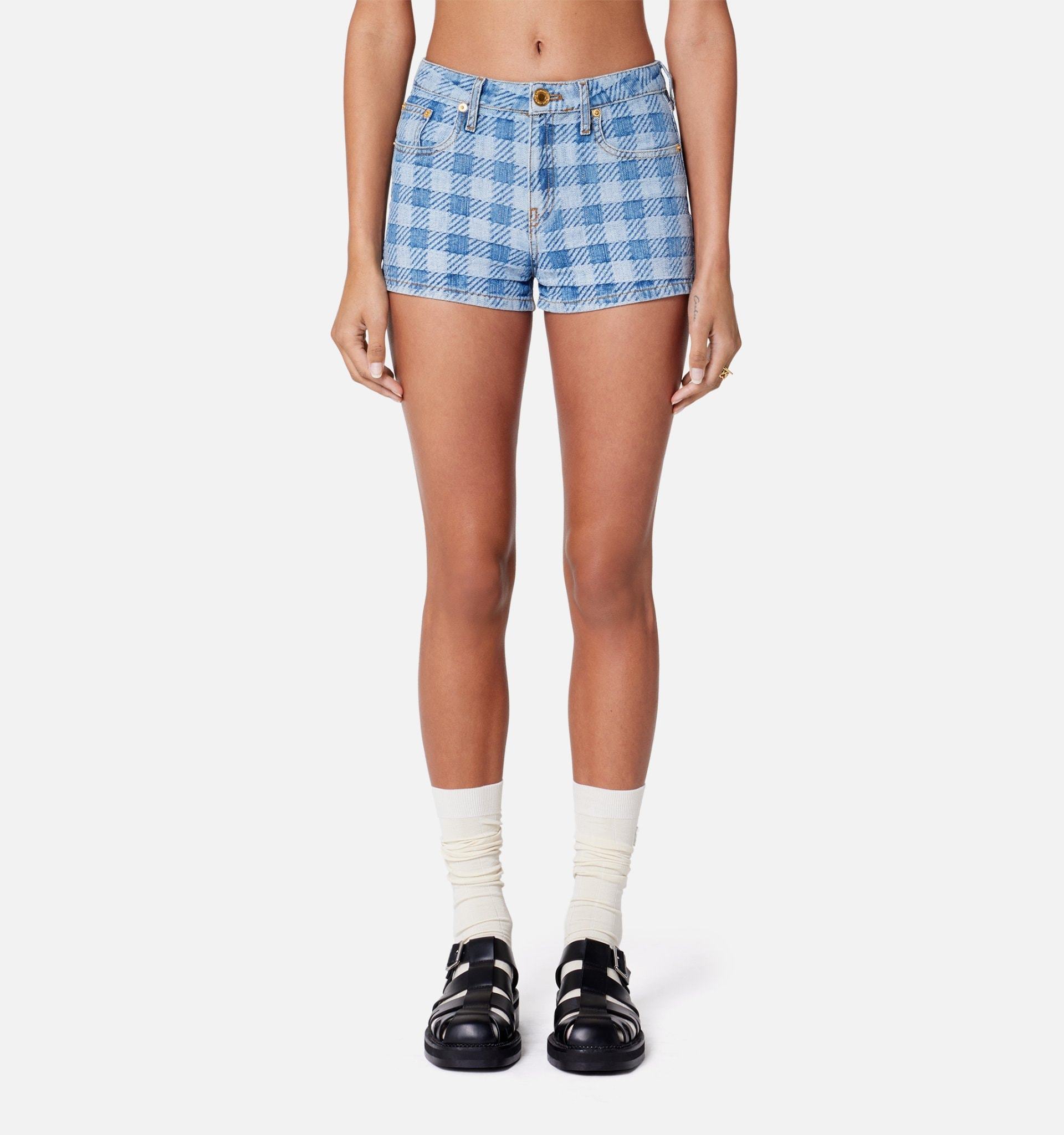 Ami Alexandre Mattiussi Mini Checkered Denim Shorts In Blue