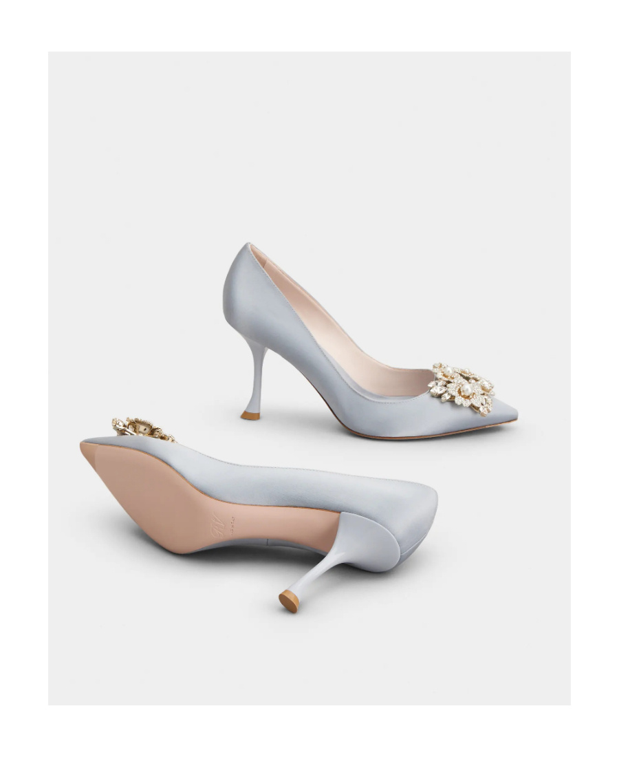 Shop Roger Vivier Rv Bouquet Strass Pearl Buckle Pumps In Satin In Gray