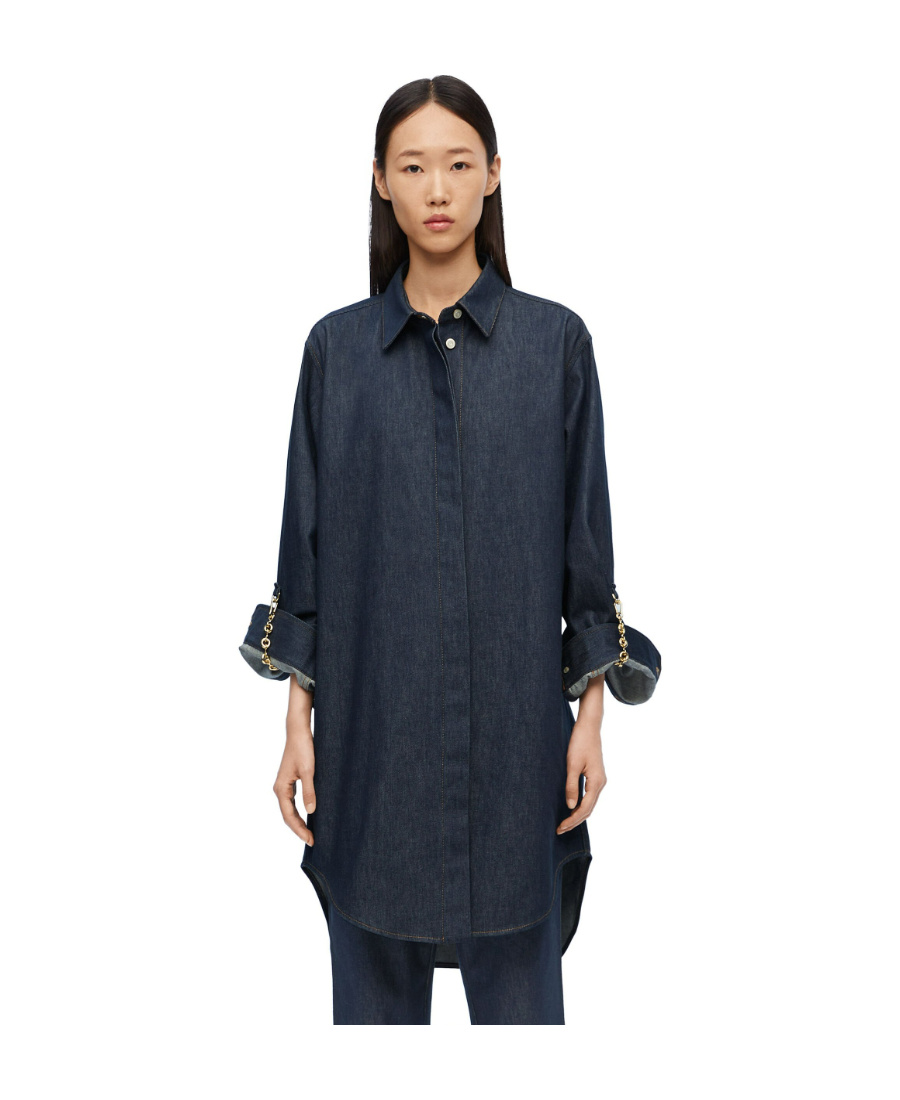 Loewe Chain Shirt Dress In Denim In Black