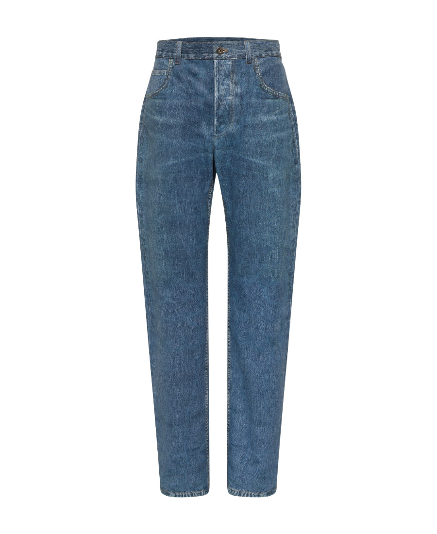 Shop Bottega Veneta Denim Printed Leather Trousers In Blue