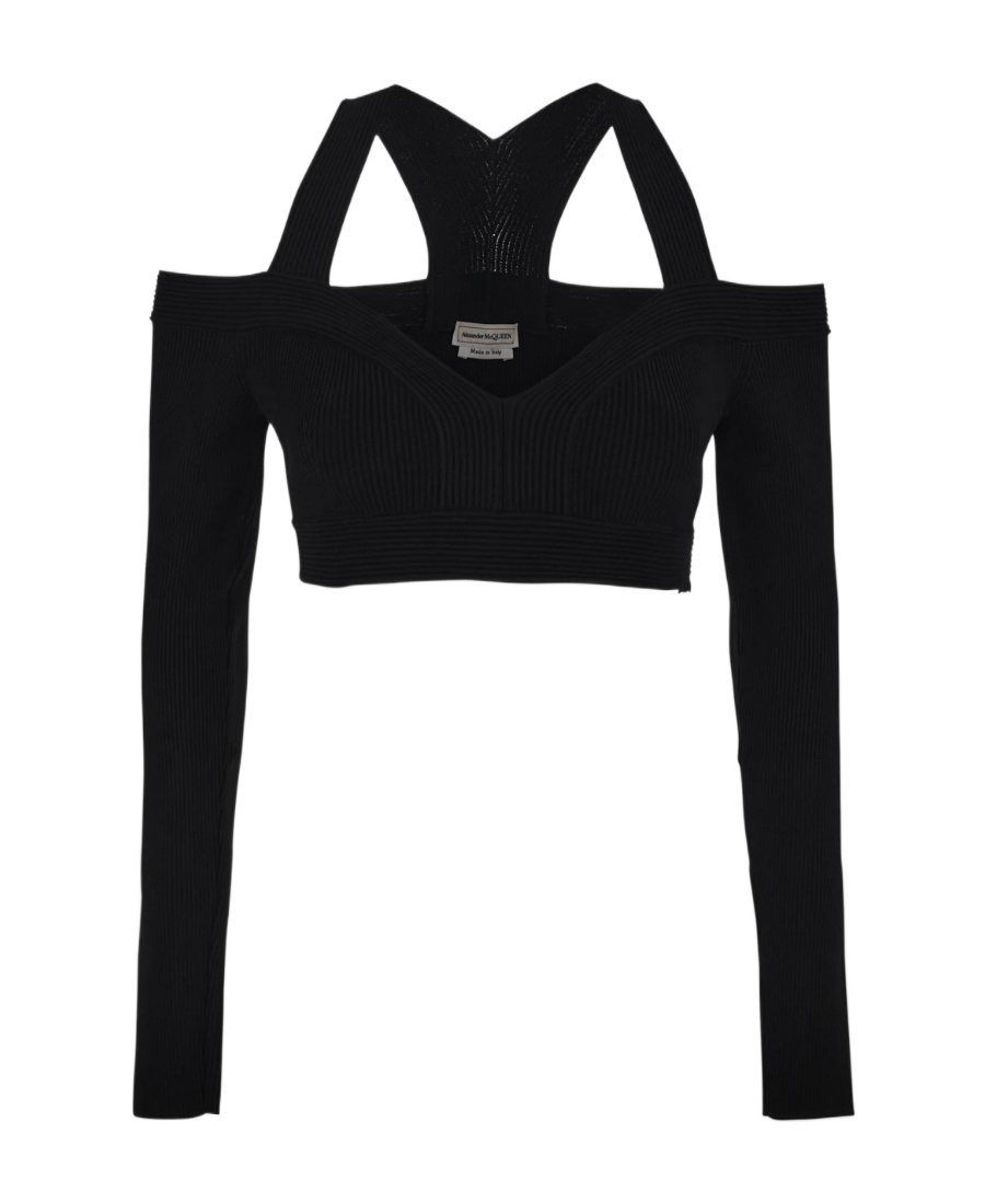 Alexander Mcqueen Black Cropped Top With Cut-out Details Black In Jersey Stretch Woman In Black