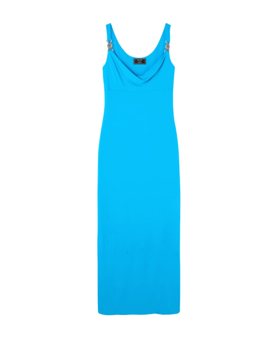 Versace Embellished Draped Metallic Jersey Dress In Blue