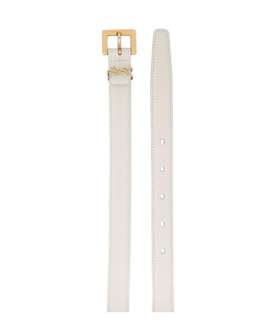 Saint Laurent Cassandre Leather Belt With Monogram Loop In White
