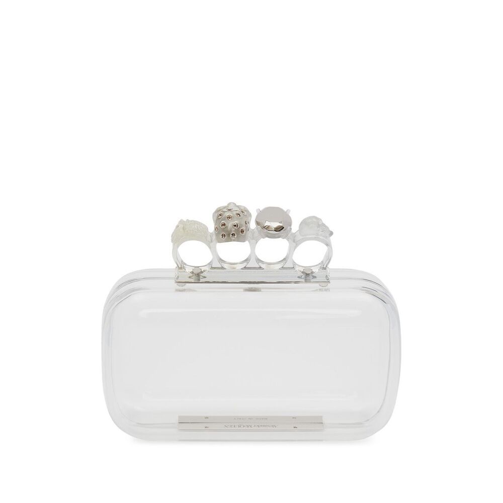 Alexander Mcqueen Four-ring Metallic Leather Clutch Bag In White
