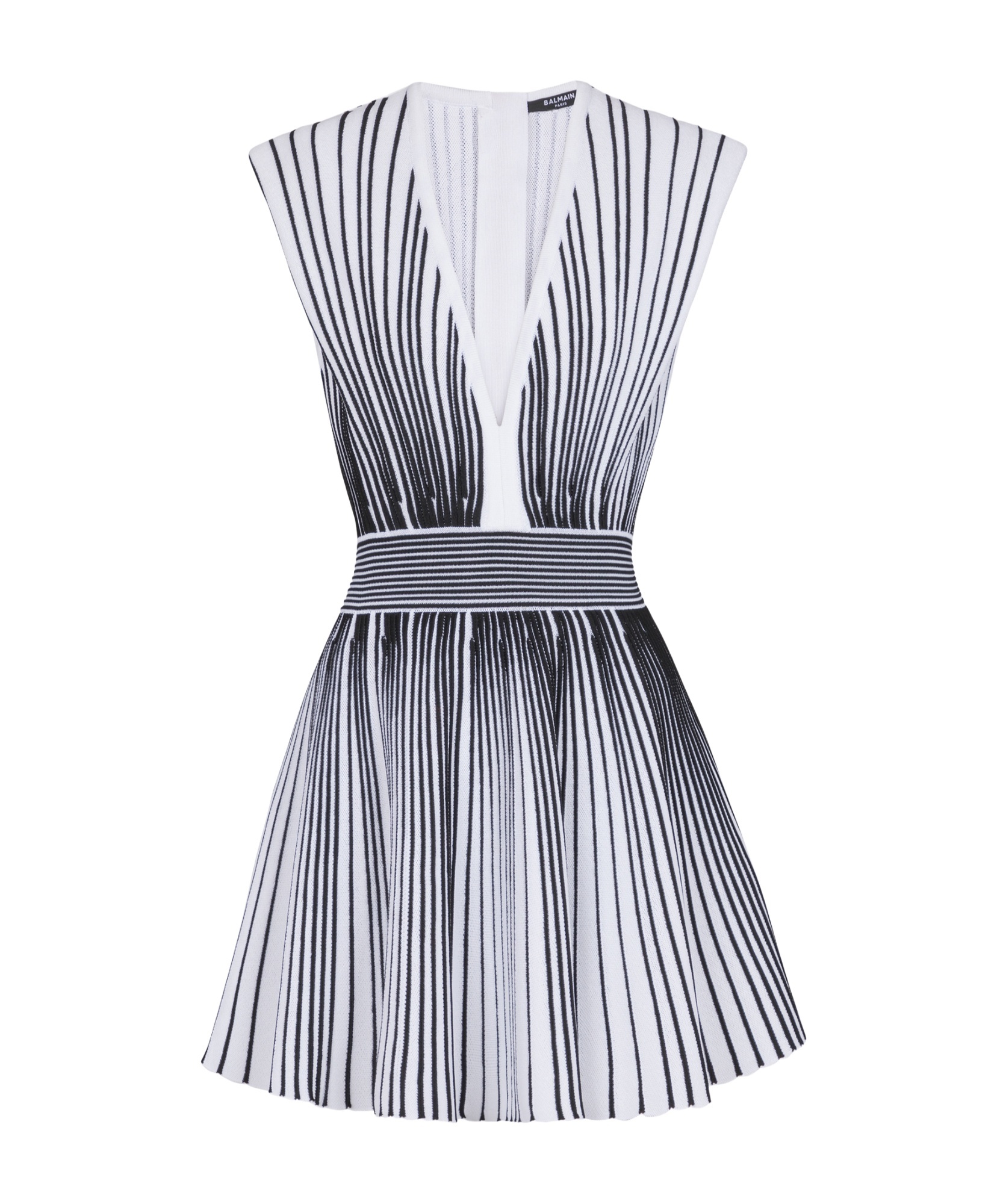 Shop Balmain Two-tone Flared Knit Dress In White
