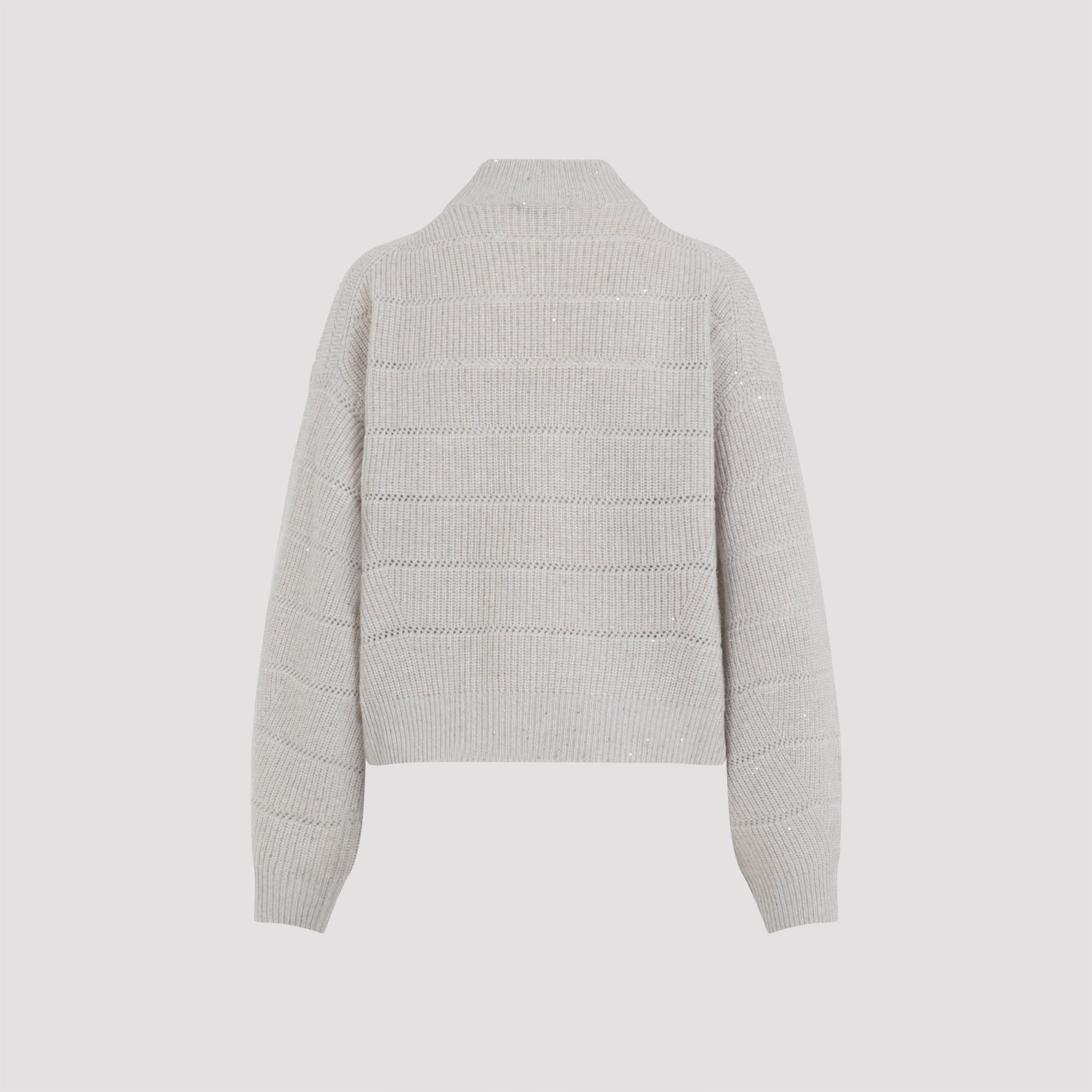 Brunello Cucinelli Beige Cashmere Mock Neck Lana Cashmire Stripe Pullover