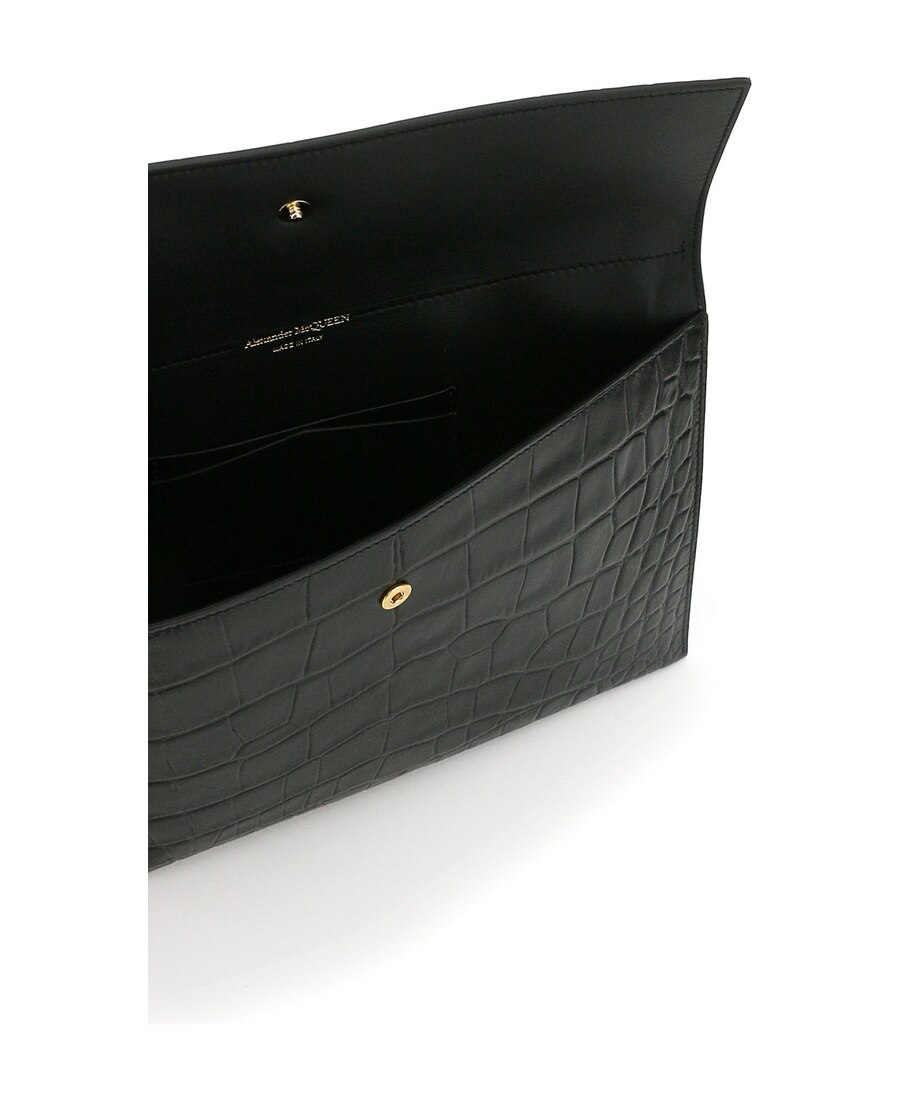 Alexander Mcqueen Croc Effect Envelope Clutch Bag In Black