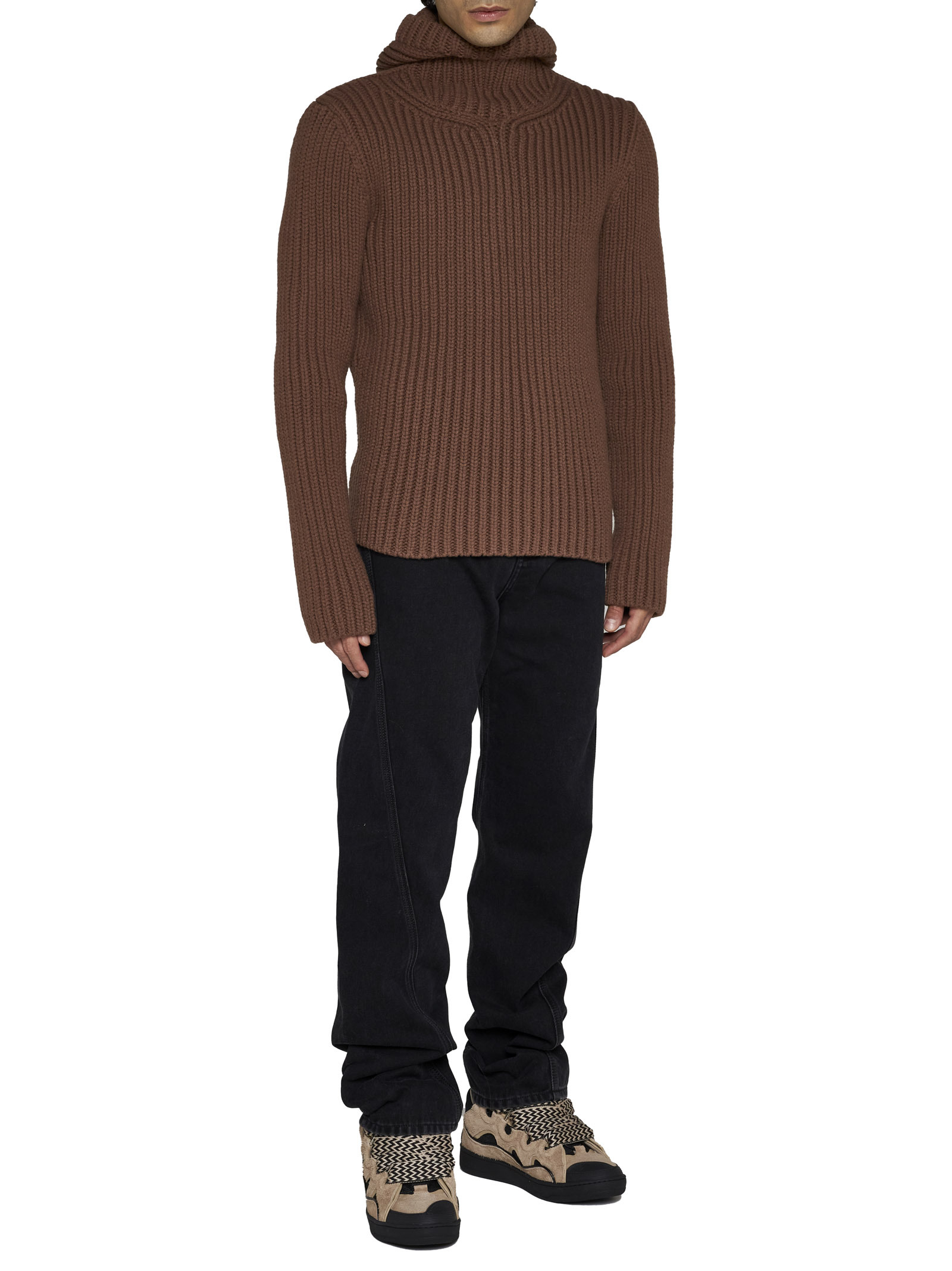 Lanvin Ribbed-knit Hooded Jumper In Brown