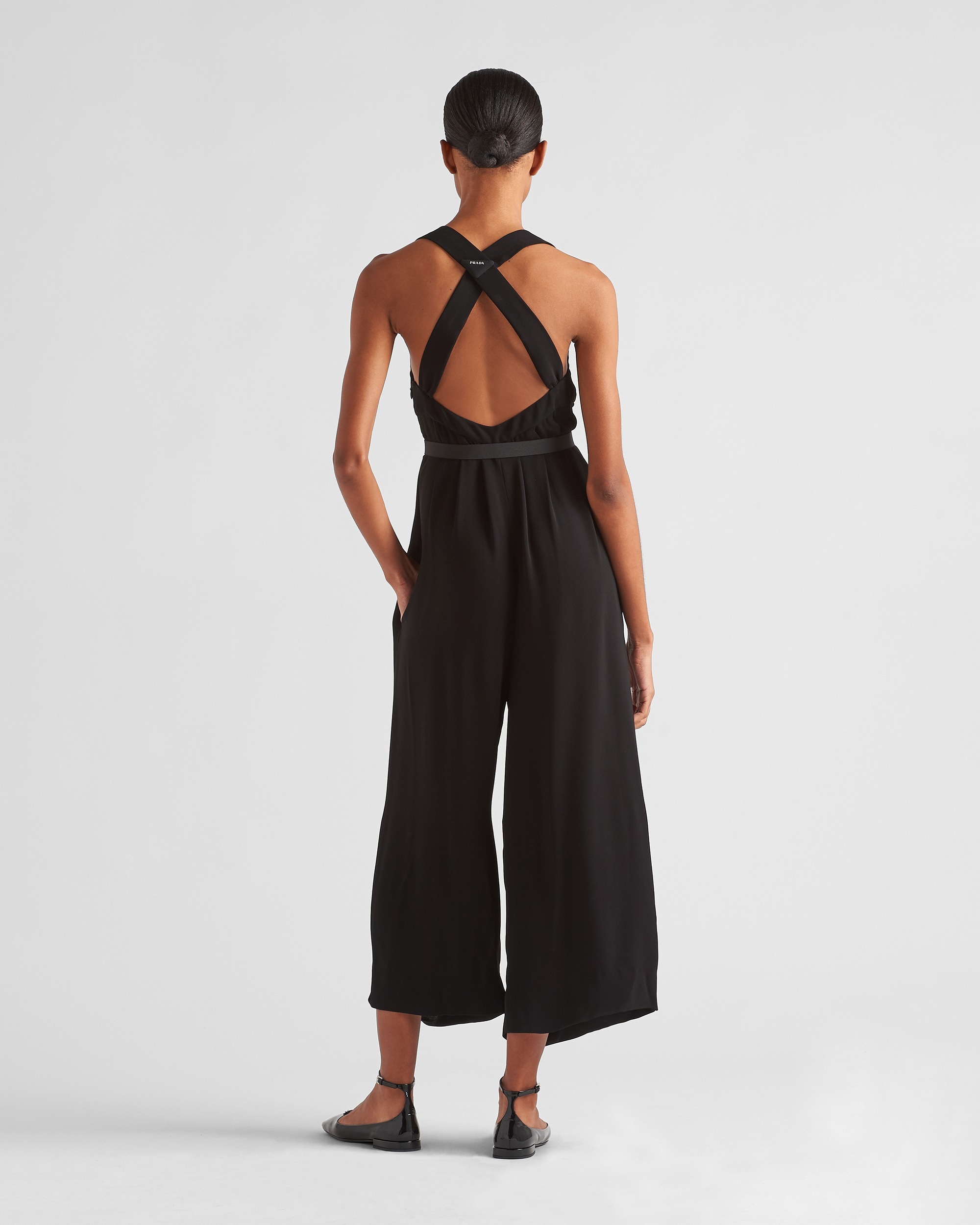 Prada Leather Belted Wide-leg Crepe Jumpsuit In Black
