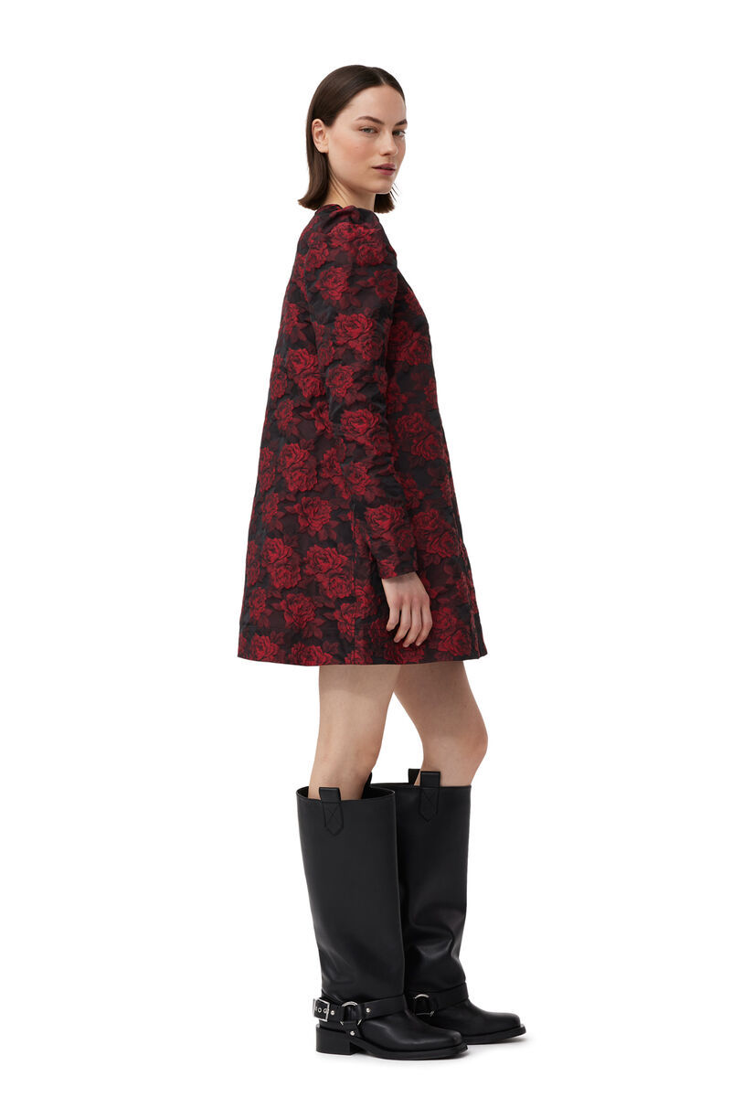 Ganni Botanical-print Jacquard Long-sleeve Minidress In Brown