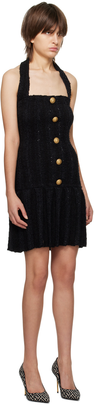 Balmain Embellished Pleated Tweed Halterneck Mini Dress In Pa Noir
