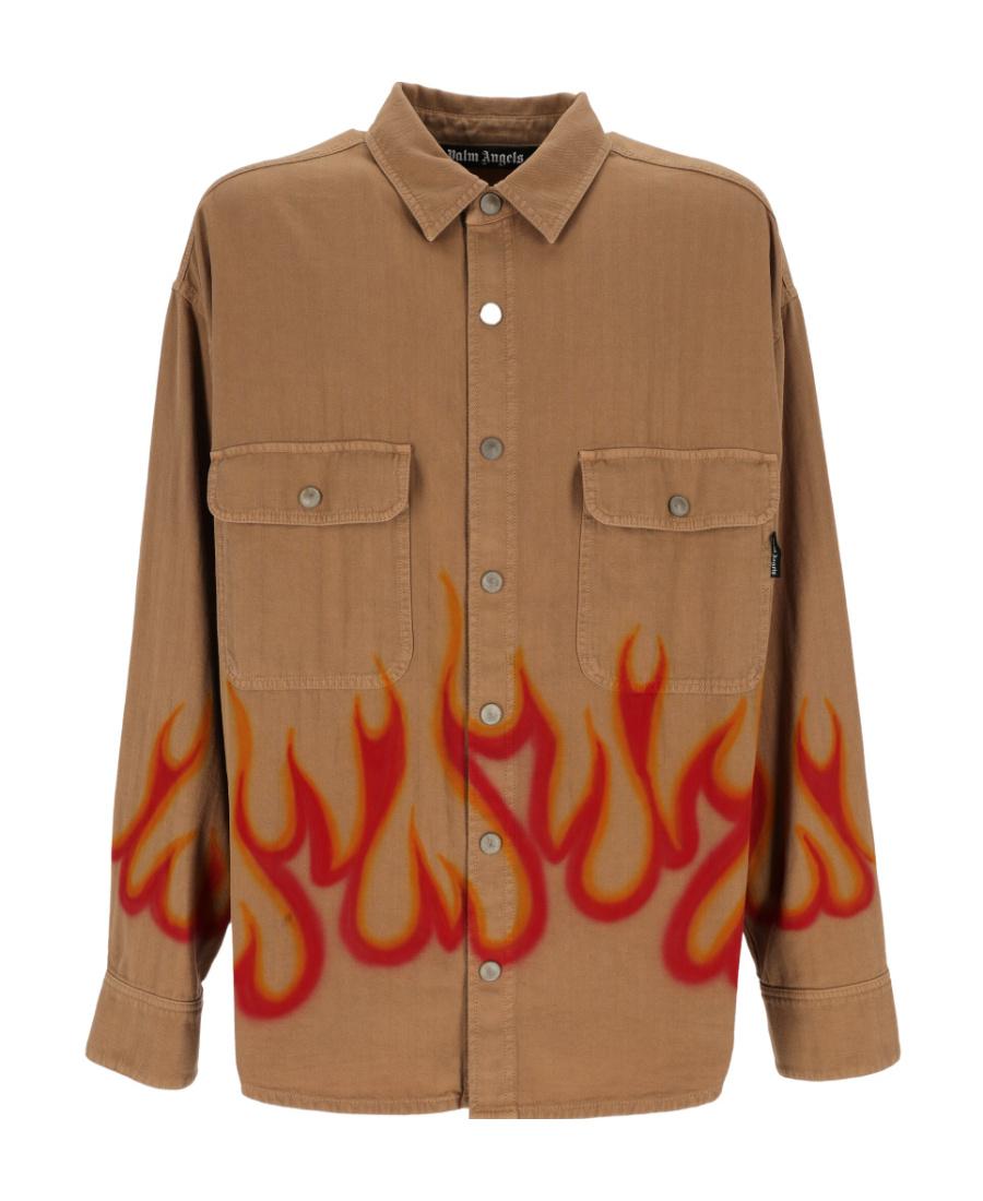 Palm Angels Flame-print Long-sleeve Shirt In Brown