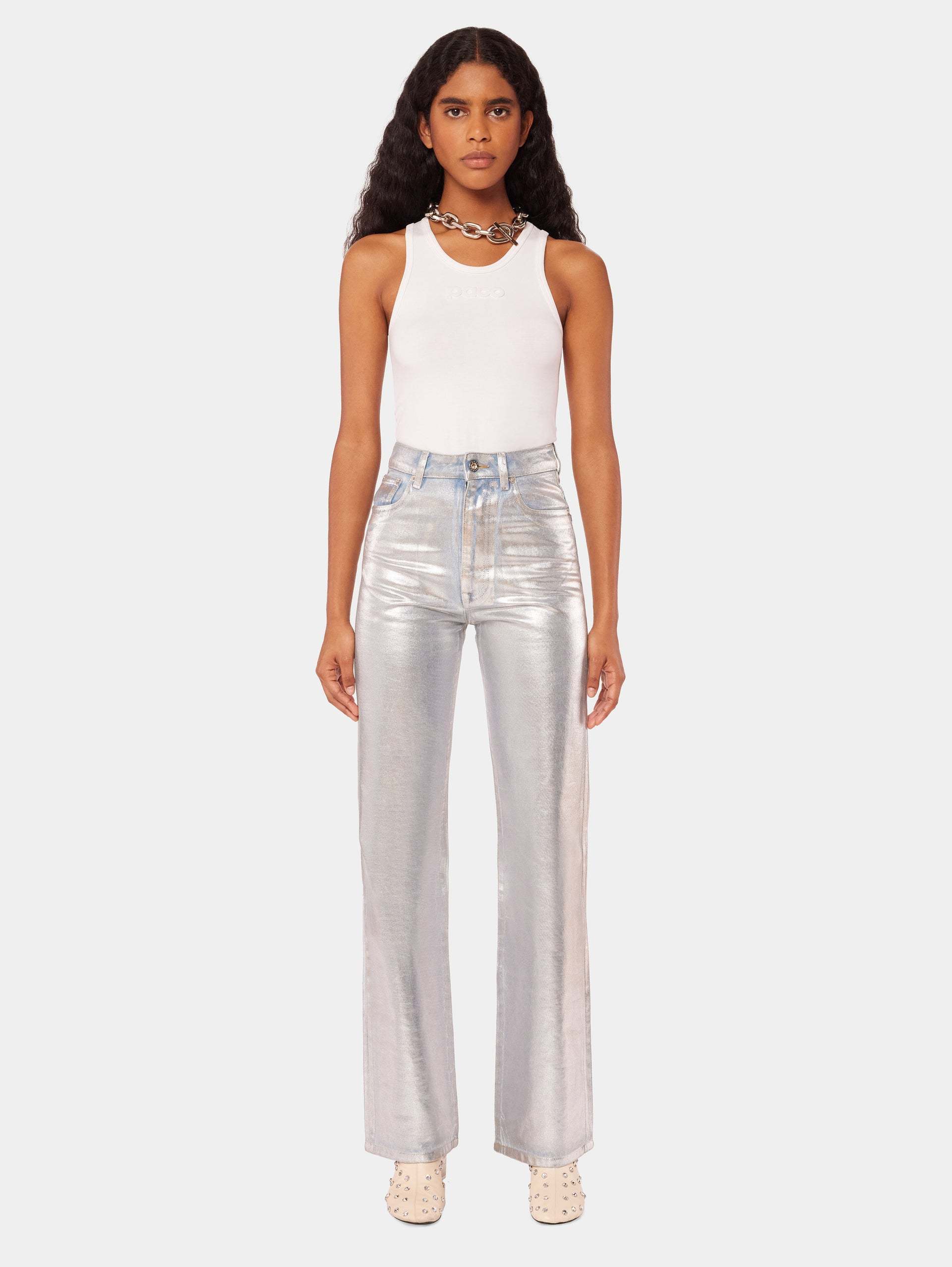 Rabanne Metallic High-rise Straight Pants In Gray