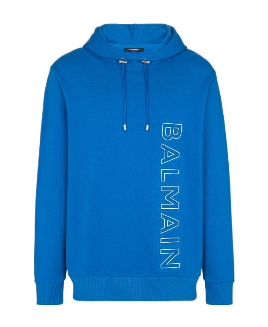 Balmain Embossed-logo Drawstring Hoodie In Blue