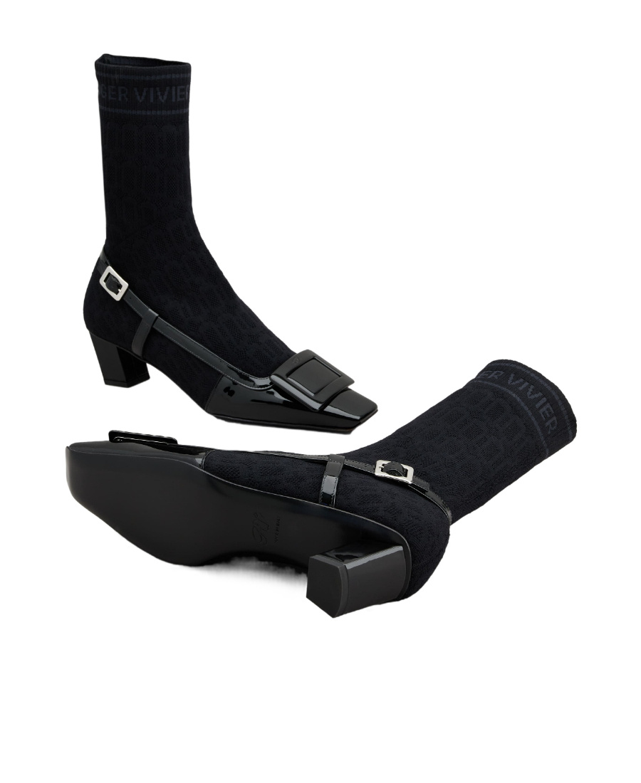 Roger Vivier Belle Vivier Sock Lacquered Buckle Ankle Boots In Black