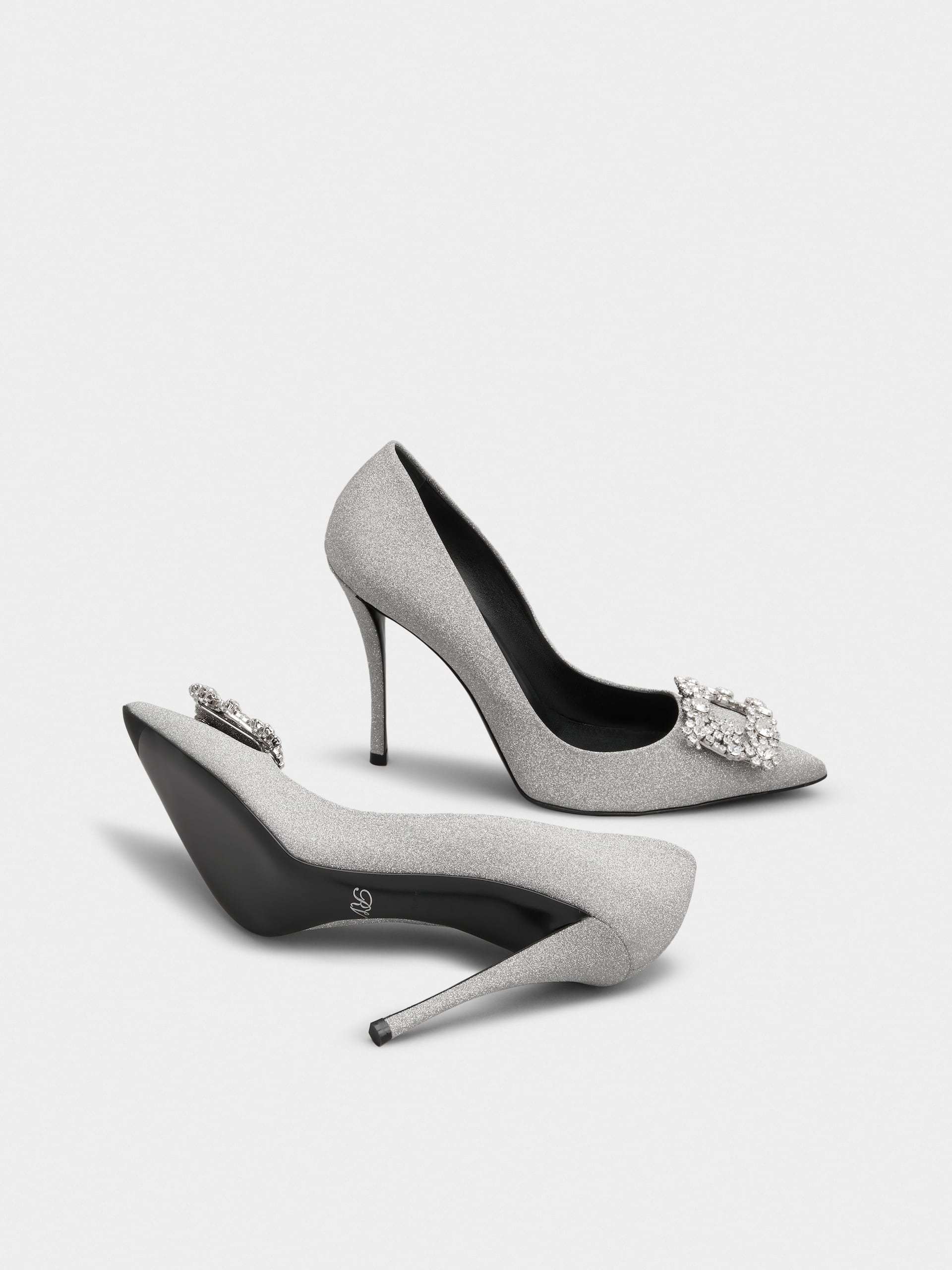 Roger Vivier 100 Crystal Flower Buckle Pumps In Glitter Fabric In Silver