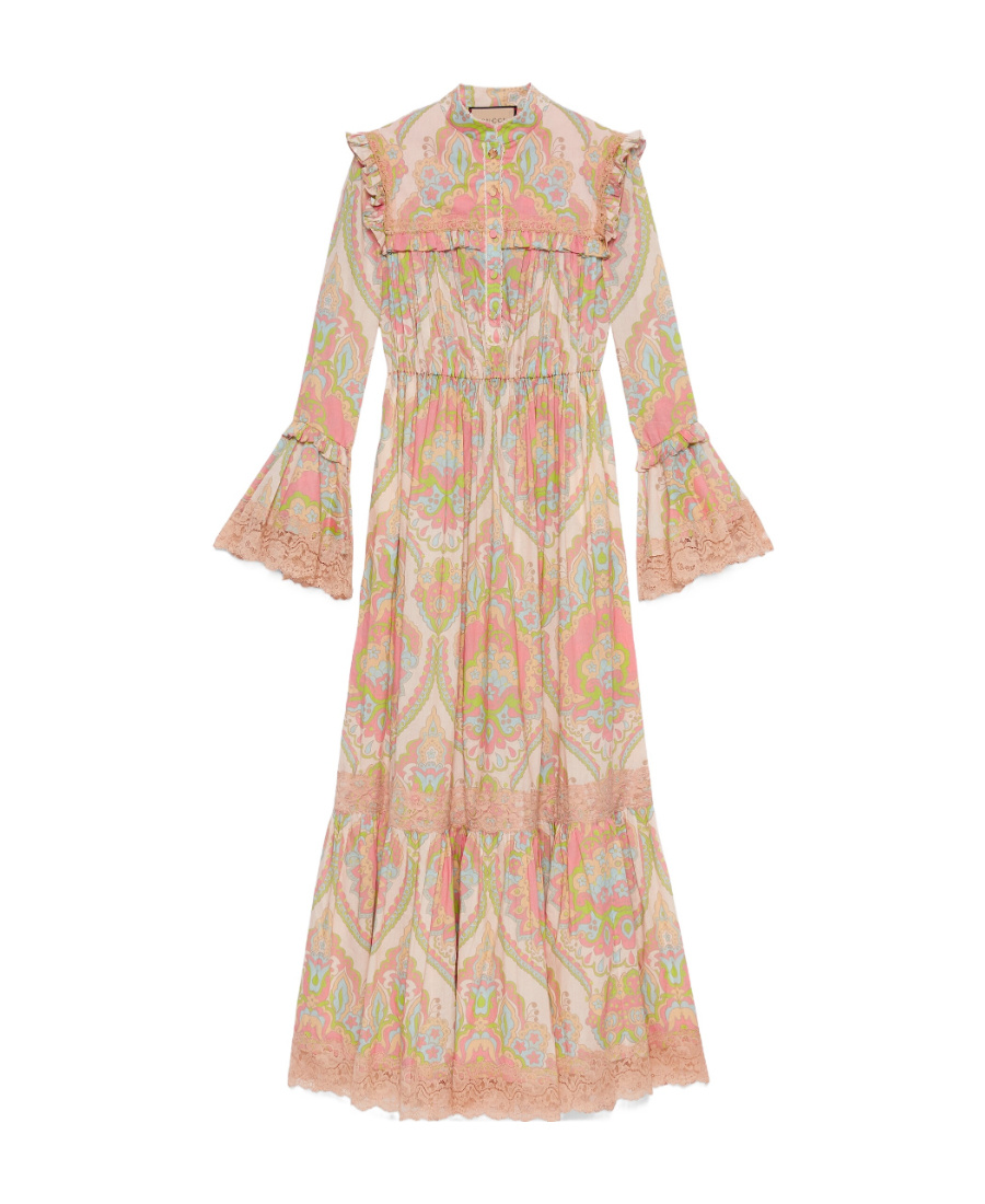 Gucci Paisley Patterned Cotton Shirt Dress With Lace Inserts In Nude