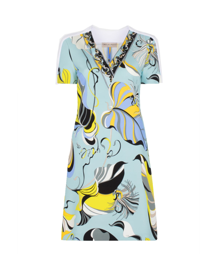 Pucci Tropical Fish Pattern V-collar Dress In Blue