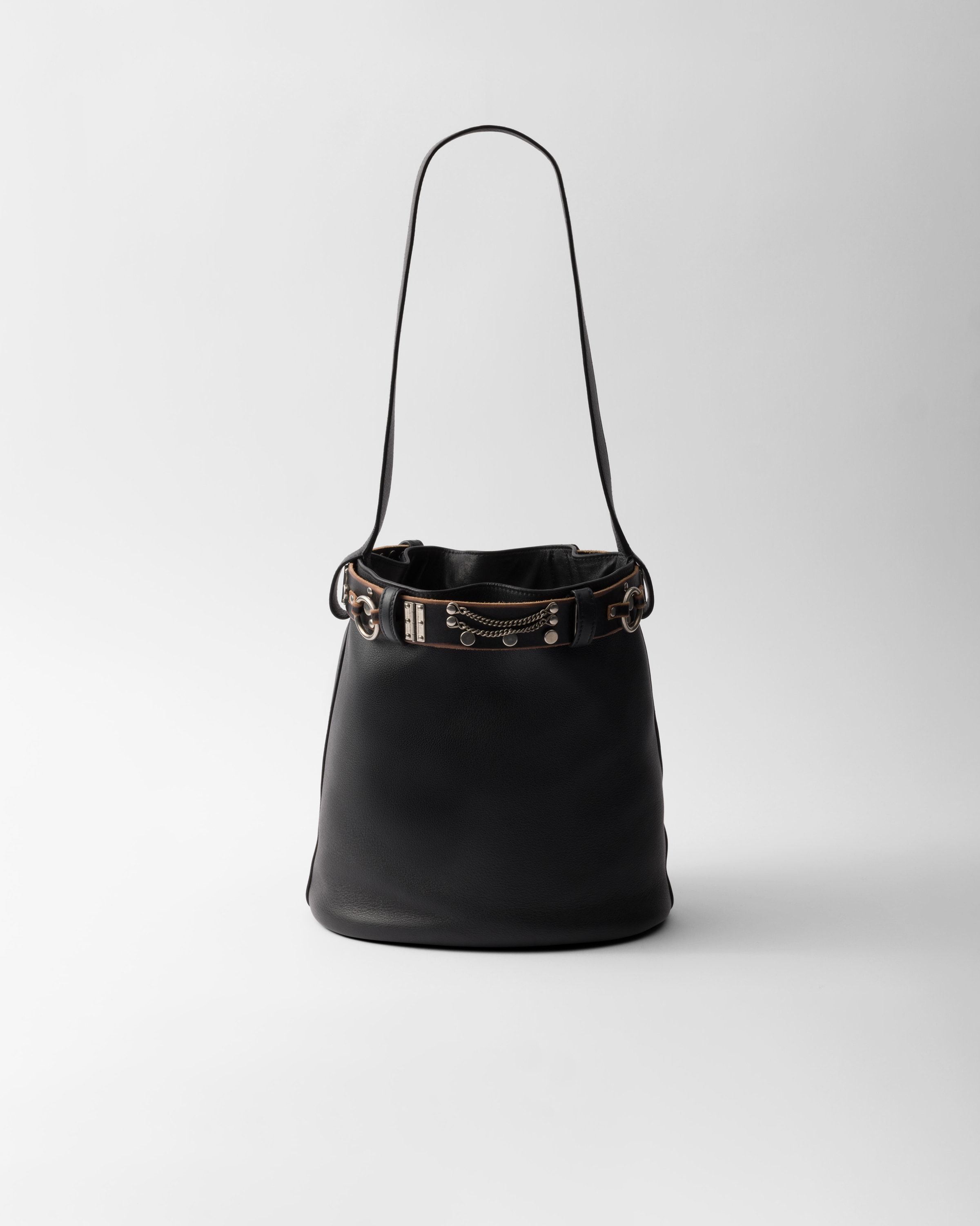 Prada Studded Belt Leather Bucket Bag In Black