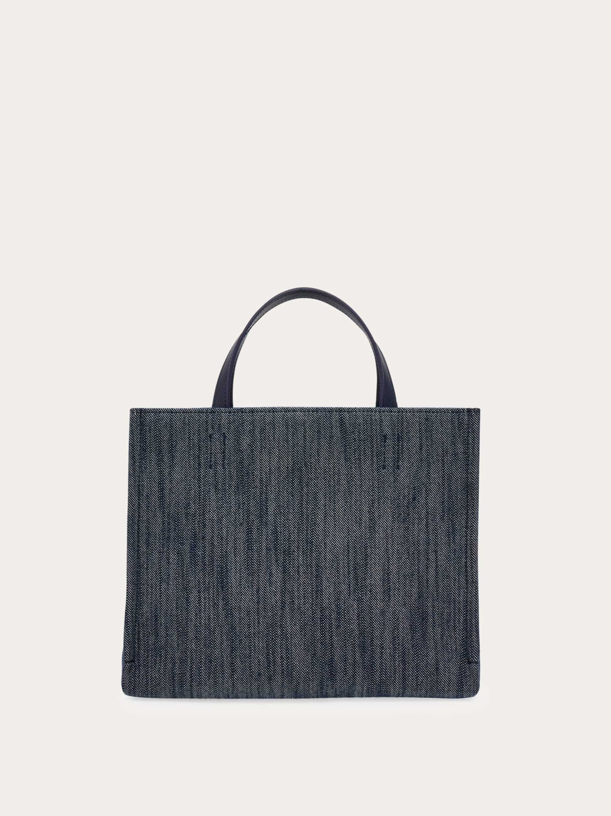 Ferragamo Blue Denim Large Tt Sign Shopping Bag In Black